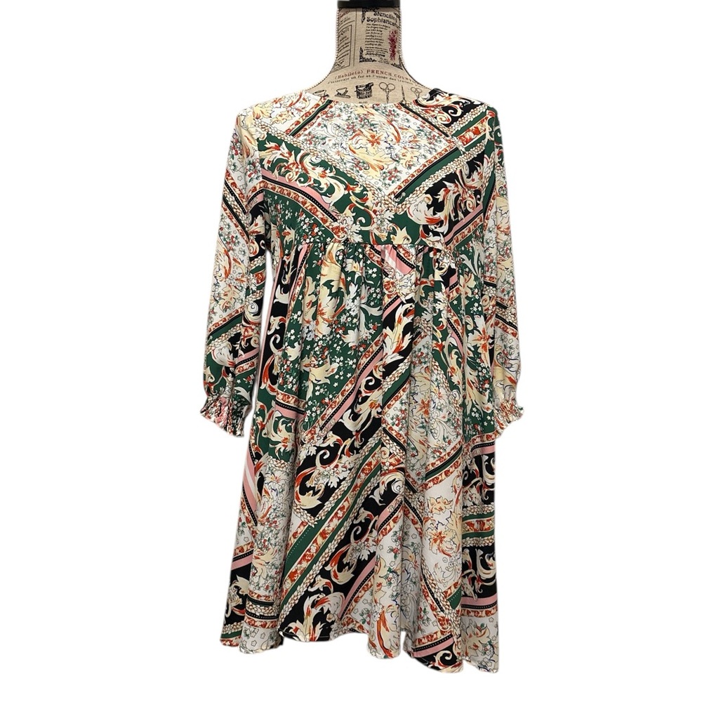 Umgee Green and Cream 3/4 Sleeve Dress